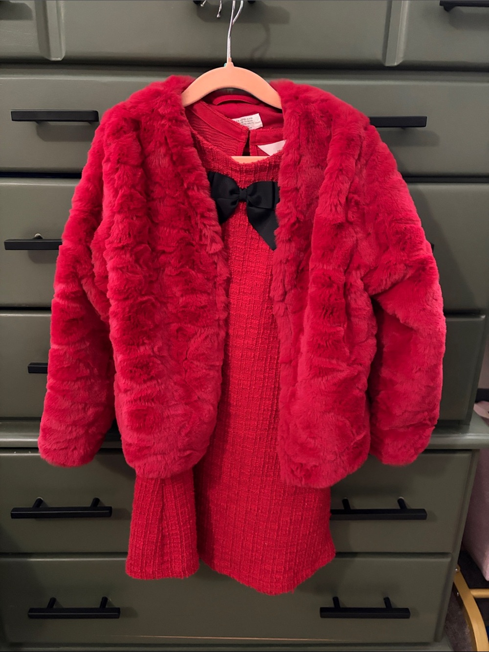 H&M Red Faux Fur Jacket with Knit Dress and Black Bow girls size 6-8